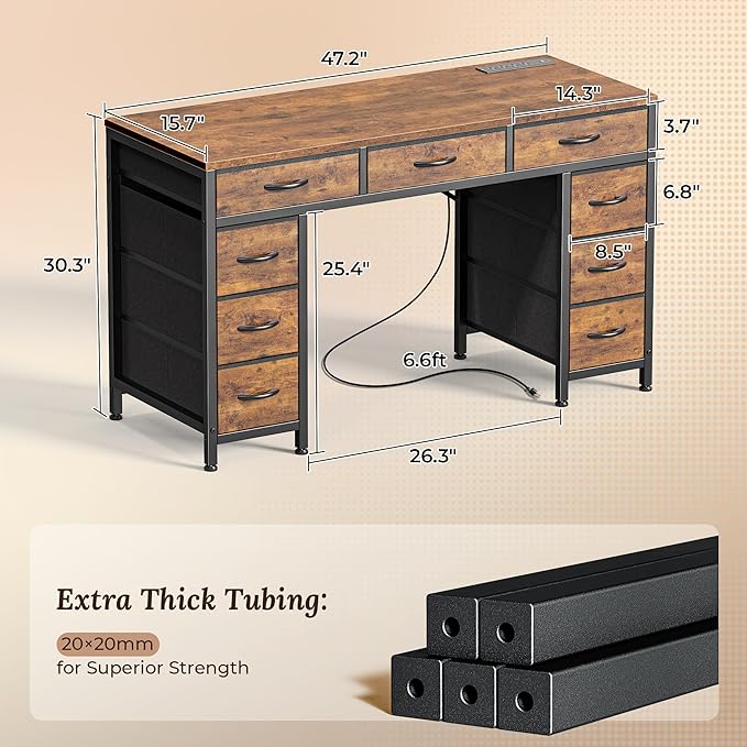 47" Office Desk with Outlets & Drawers