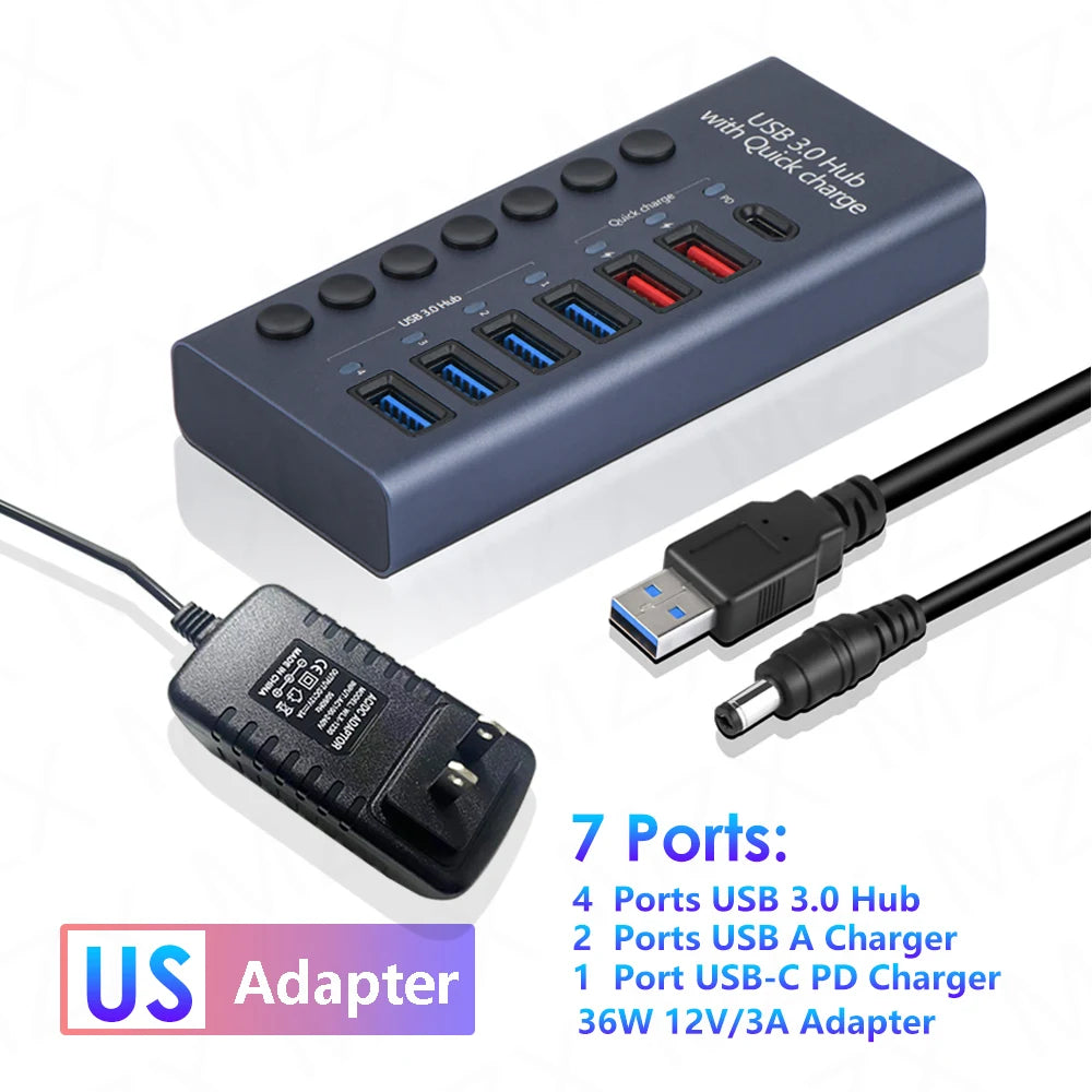 Aluminum USB 3.0 Hub 4/7/10 Port with Switch