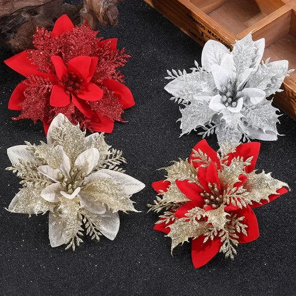 5PCS Glitter Red Rose Christmas Decorations