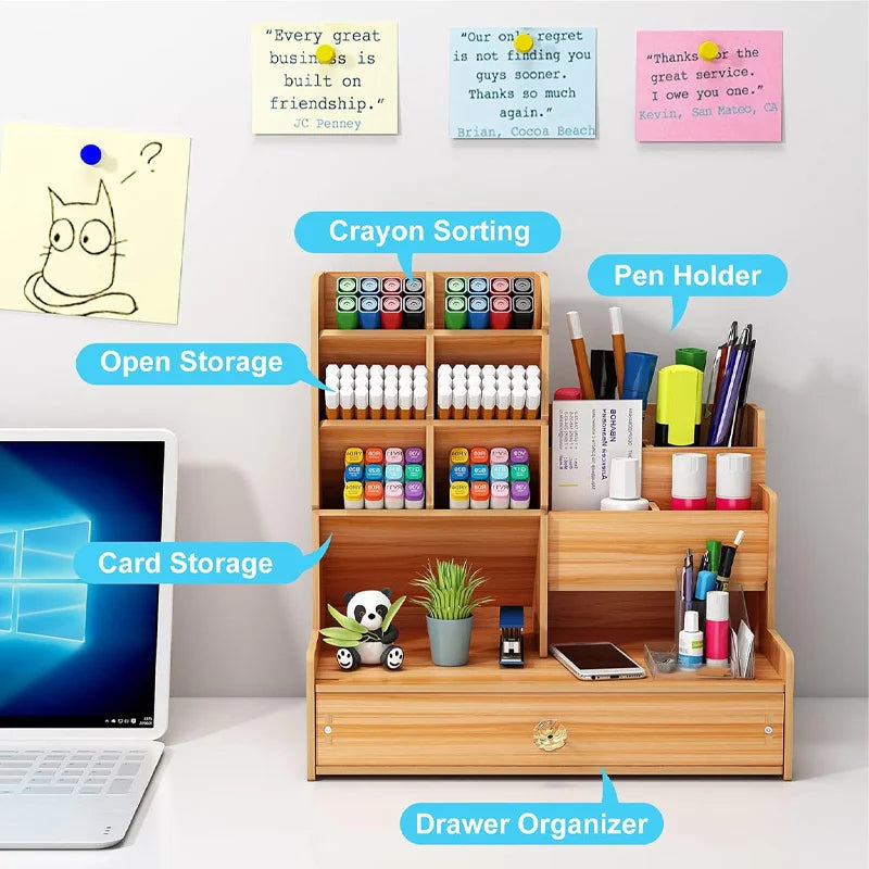 Wooden Desk Organizer – Large-Capacity Stationery Storage with Drawer