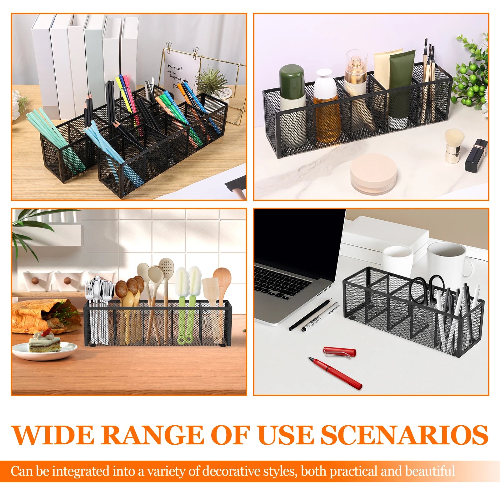 2Pcs Mesh Pen Pencil Holder with 5 Compartments Metal Desk Organizer Rustproof Brush Holder for Home School Classroom Teachers