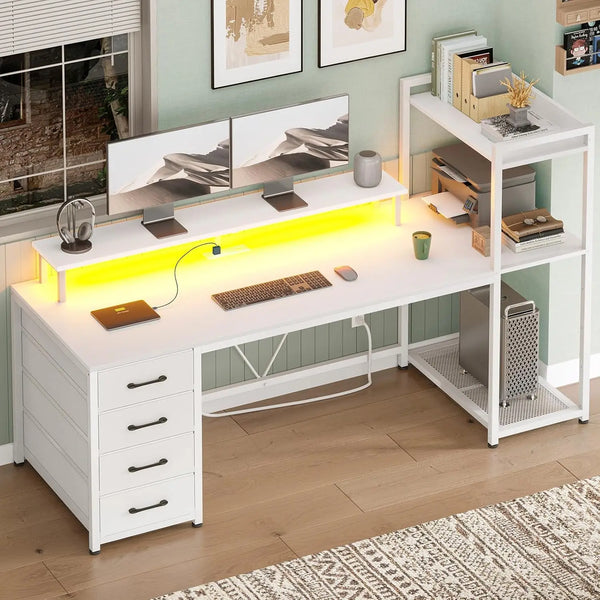 55" Computer Desk – LED Gaming Desk with Drawers, Shelves & Power Outlets