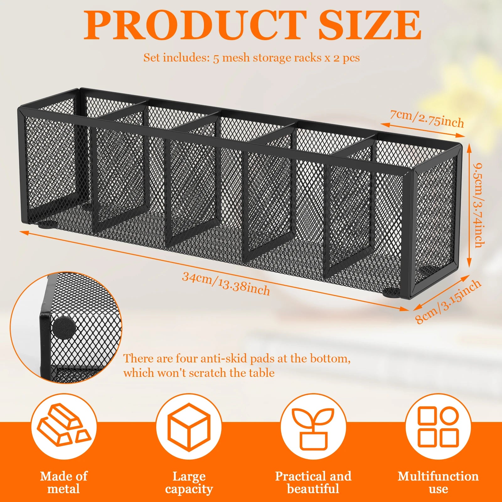 2Pcs Mesh Pen Pencil Holder with 5 Compartments Metal Desk Organizer Rustproof Brush Holder for Home School Classroom Teachers