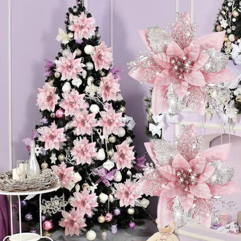 5PCS Glitter Red Rose Christmas Decorations