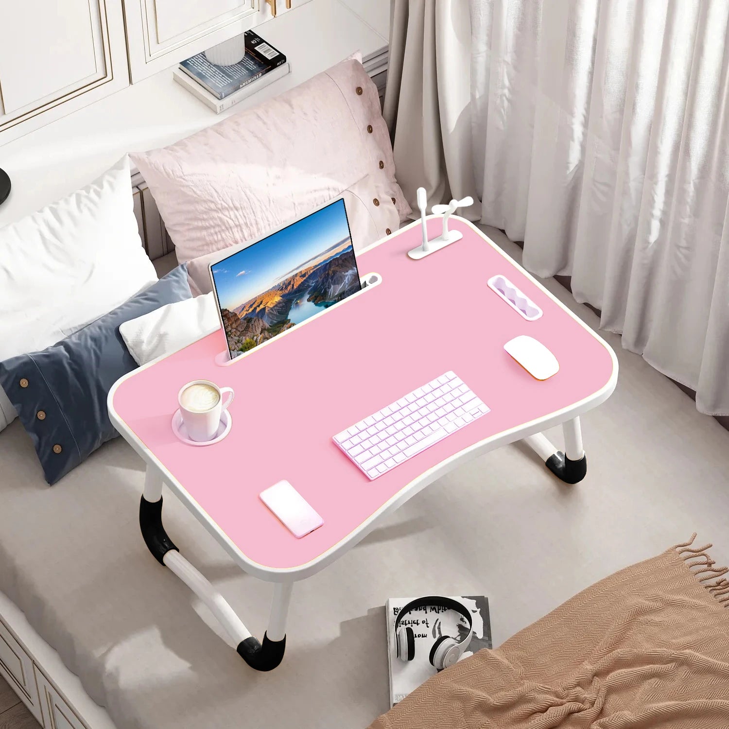 40x60cm Folding Laptop Table – Portable Desk with USB Light, Fan & Cup Holder: