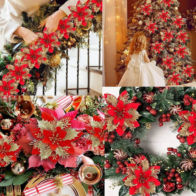 5PCS Glitter Red Rose Christmas Decorations