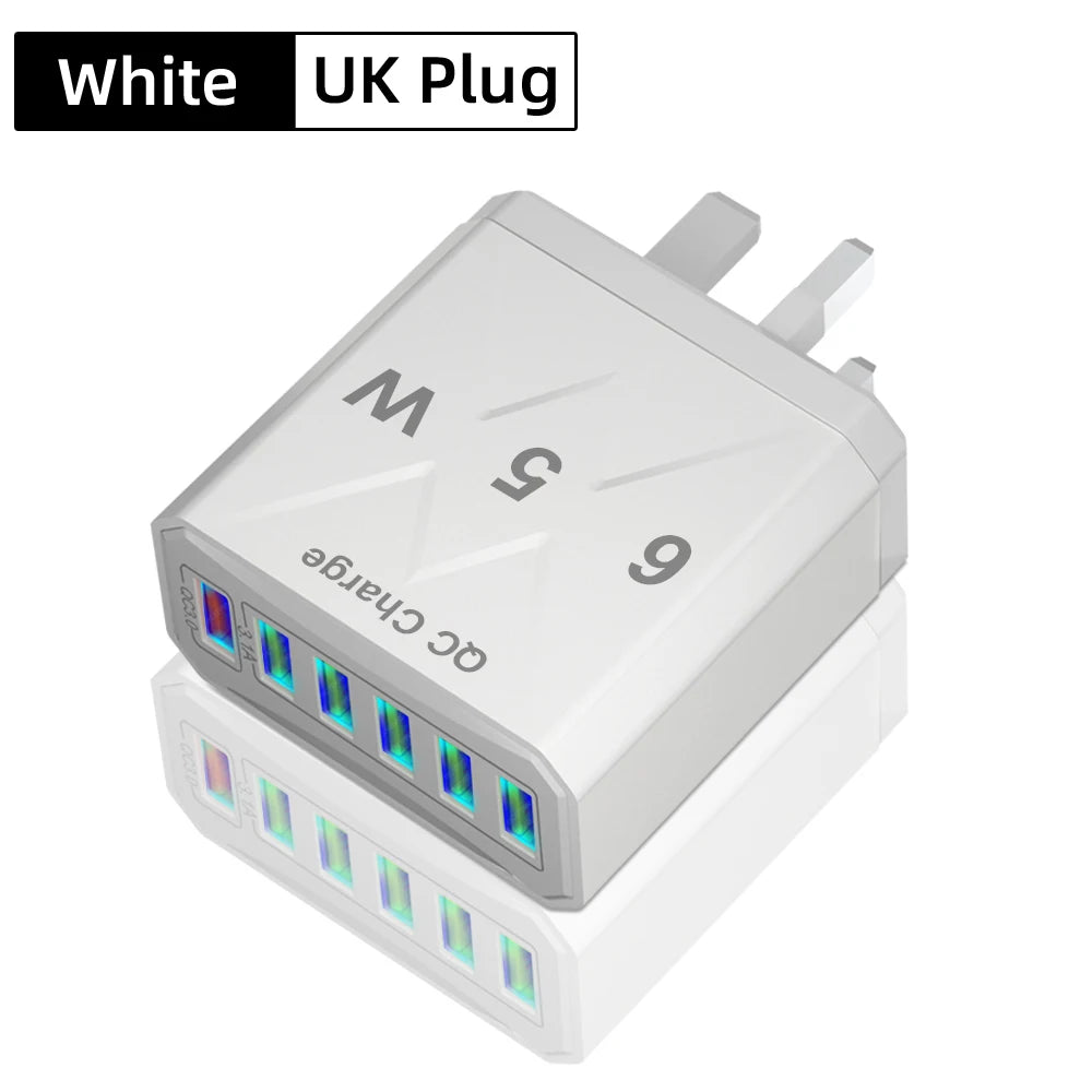 65W 6-Port USB Fast Charger – QC3.0 Travel Adapter: