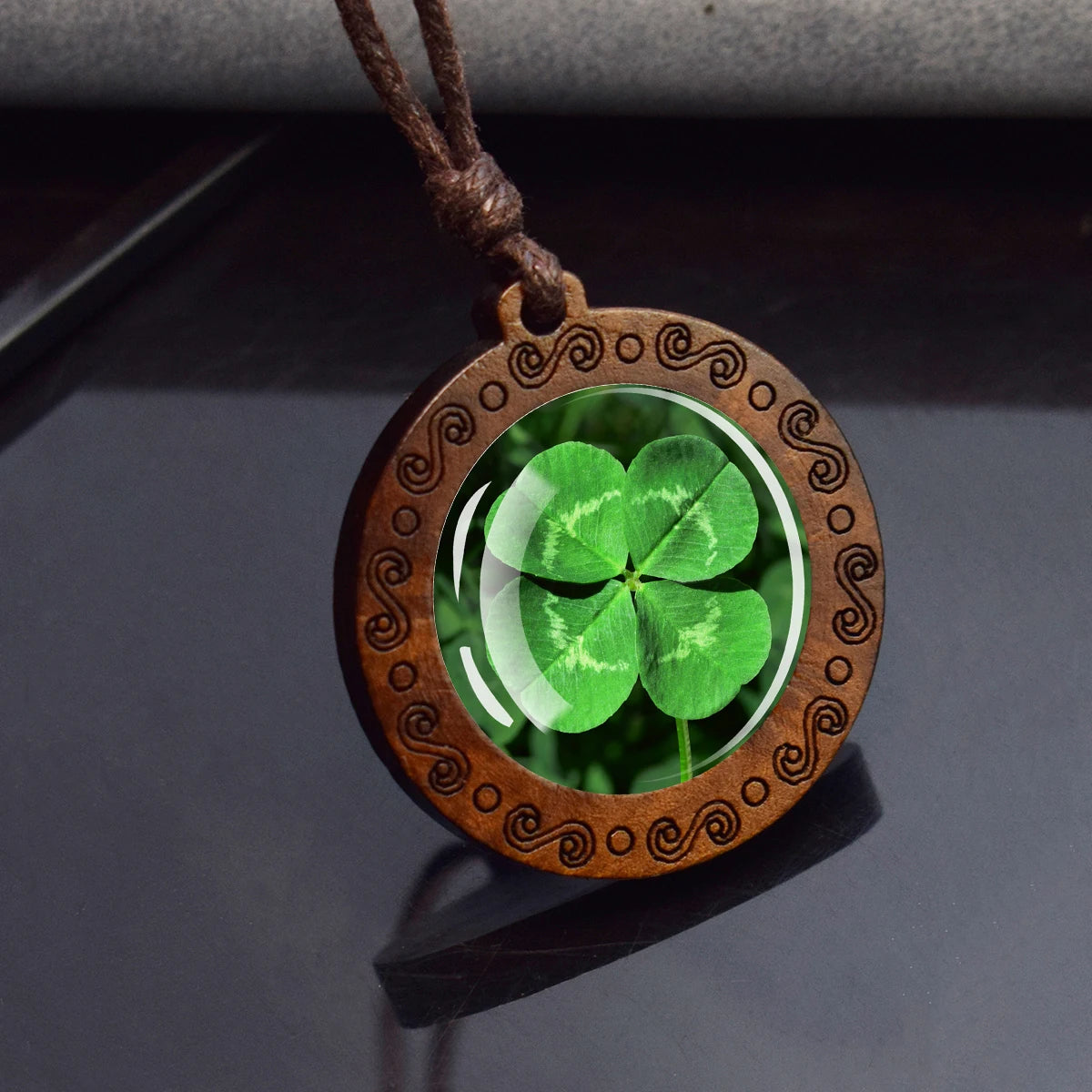 Four-Leaf Clover Glass Dome Pendant Necklace