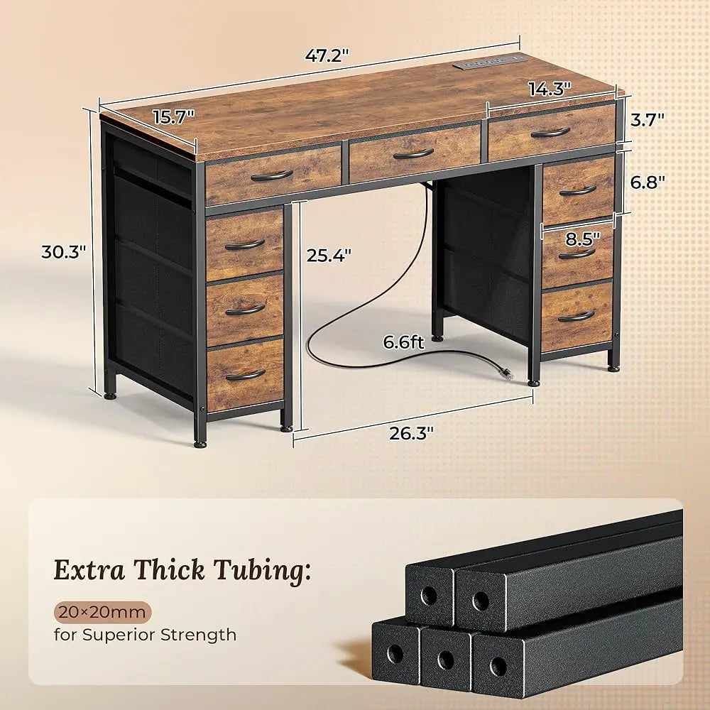 47" Office Desk with Outlets & Drawers