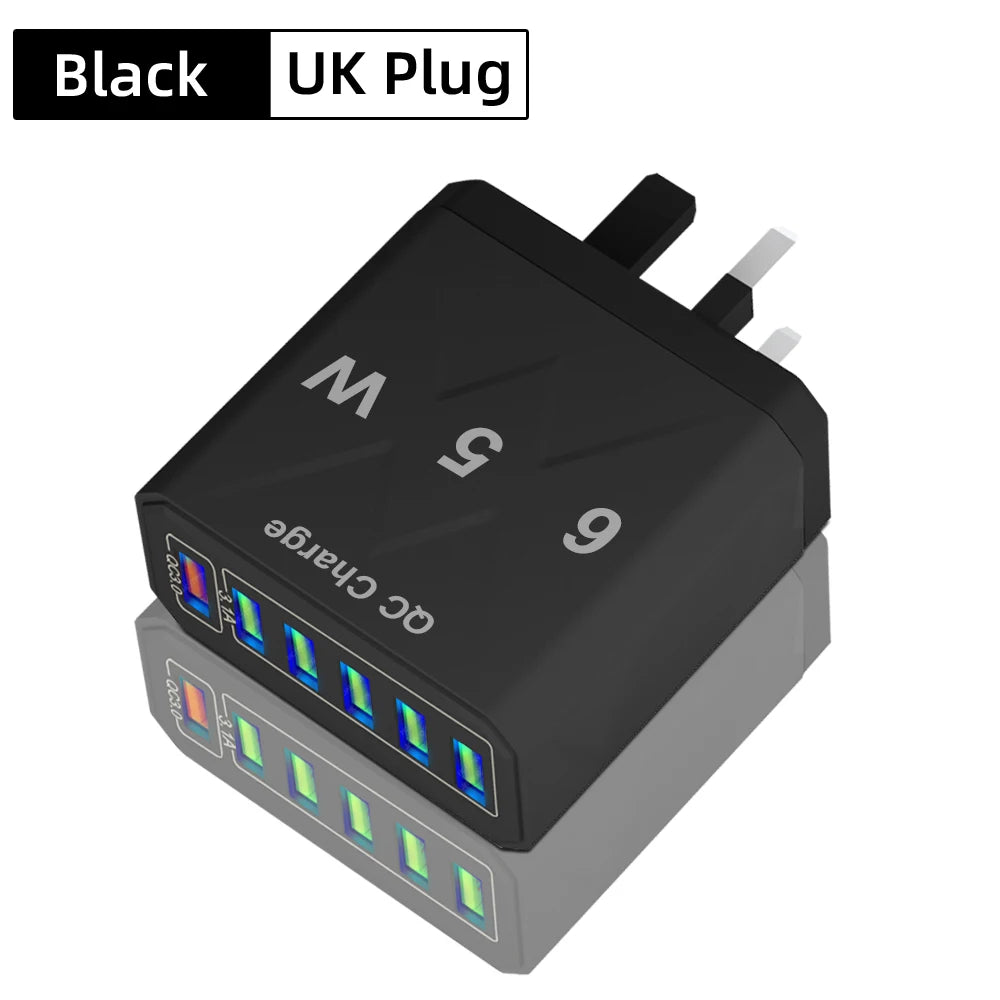 65W 6-Port USB Fast Charger – QC3.0 Travel Adapter: