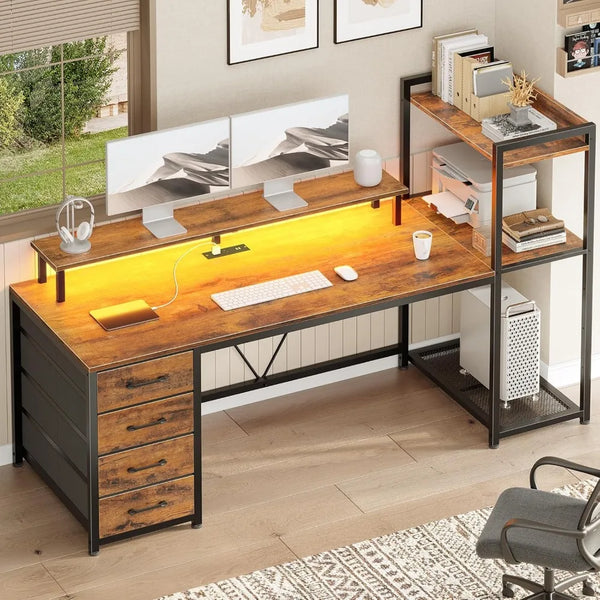 55" Computer Desk – LED Gaming Desk with Drawers, Shelves & Power Outlets