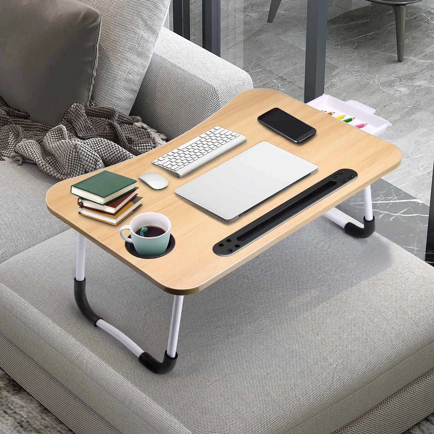 40x60cm Folding Laptop Table – Portable Desk with USB Light, Fan & Cup Holder: