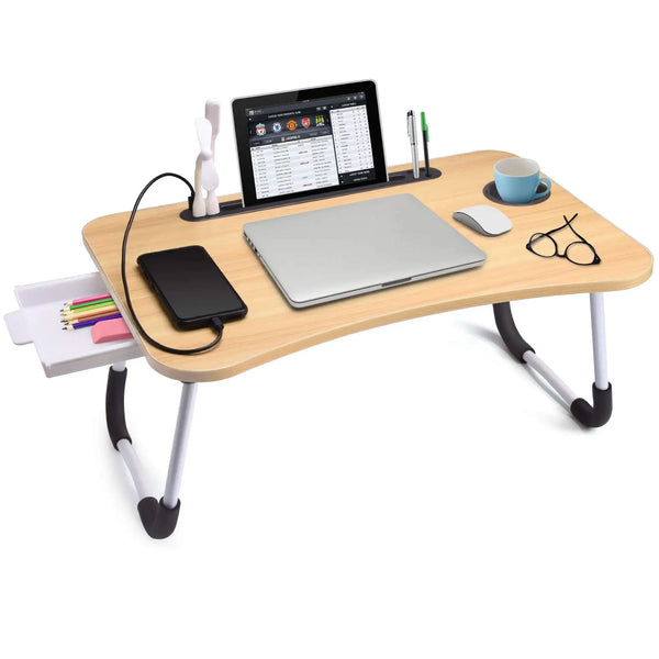 40x60cm Folding Laptop Table – Portable Desk with USB Light, Fan & Cup Holder: