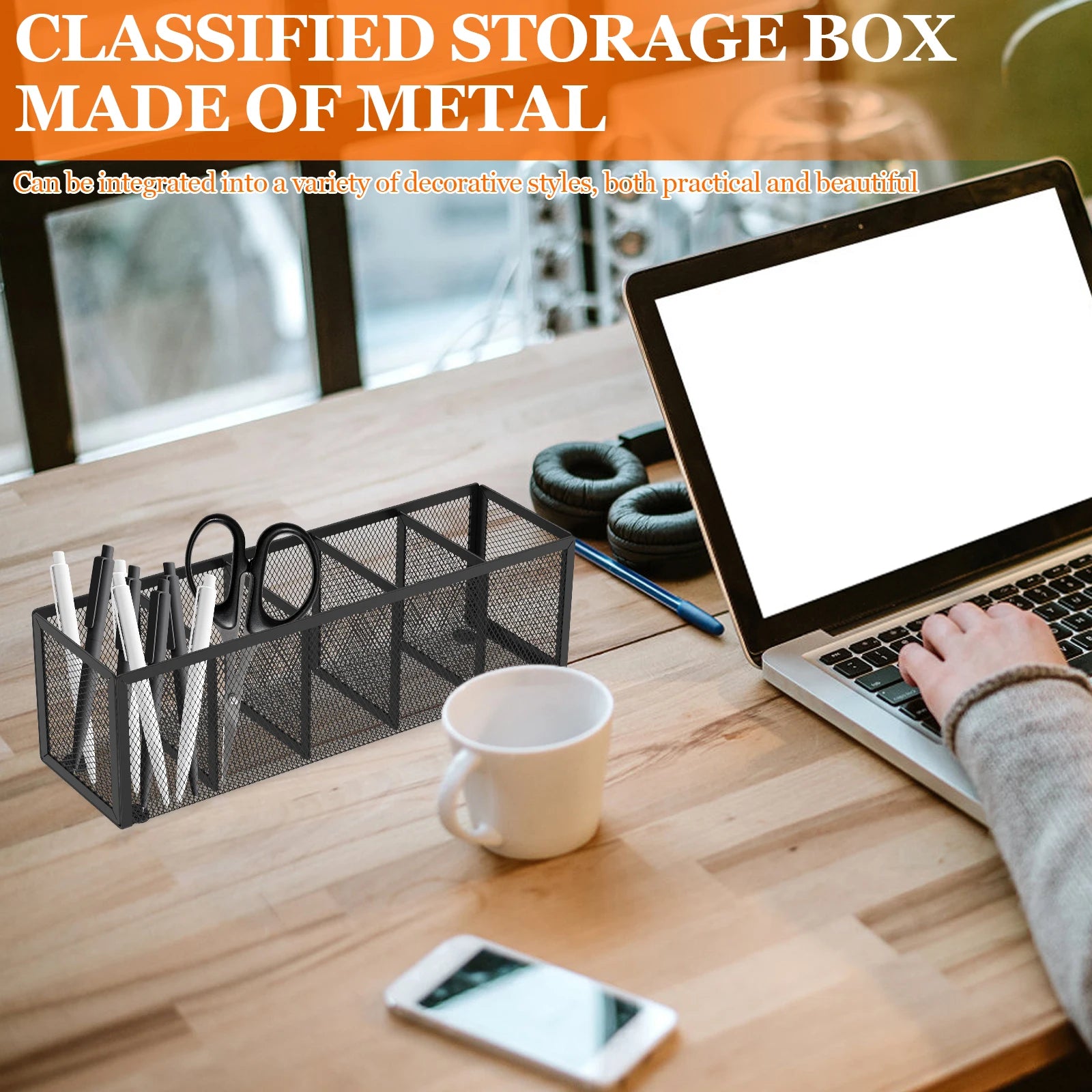 2Pcs Mesh Pen Pencil Holder with 5 Compartments Metal Desk Organizer Rustproof Brush Holder for Home School Classroom Teachers