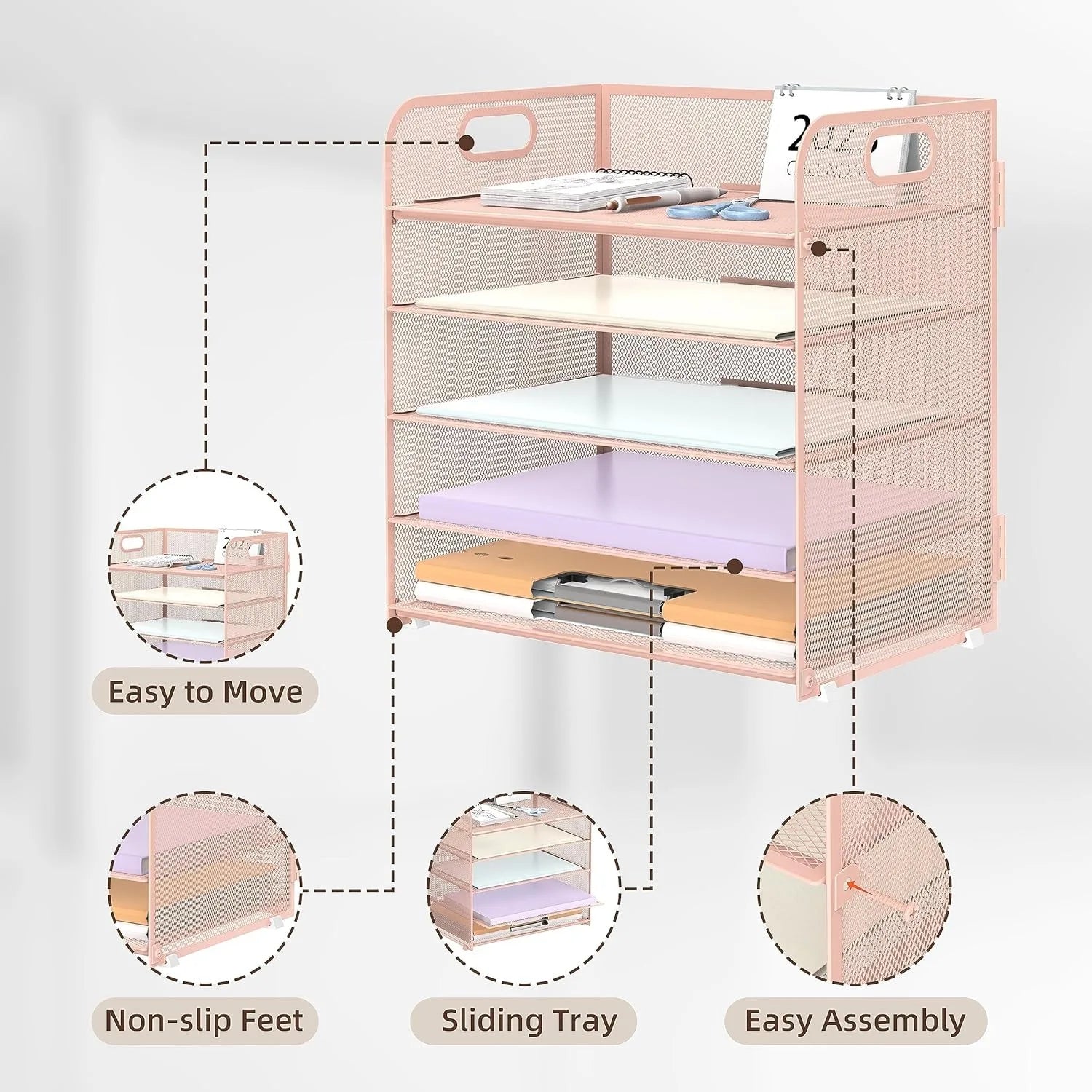 2 Pack Pink 5-Tier Mesh Desk Organizer