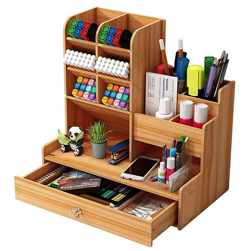 Wooden Desk Organizer – Large-Capacity Stationery Storage with Drawer