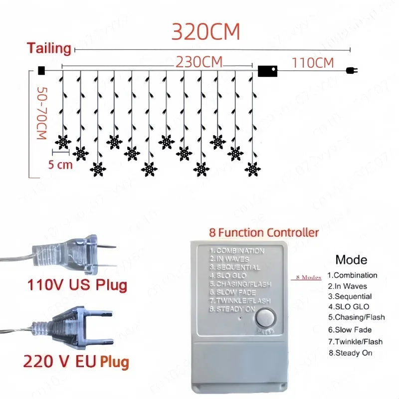 3.2M Snowflake Curtain String Lights