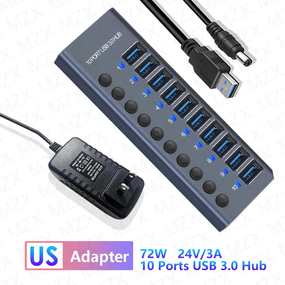 Aluminum USB 3.0 Hub 4/7/10 Port with Switch