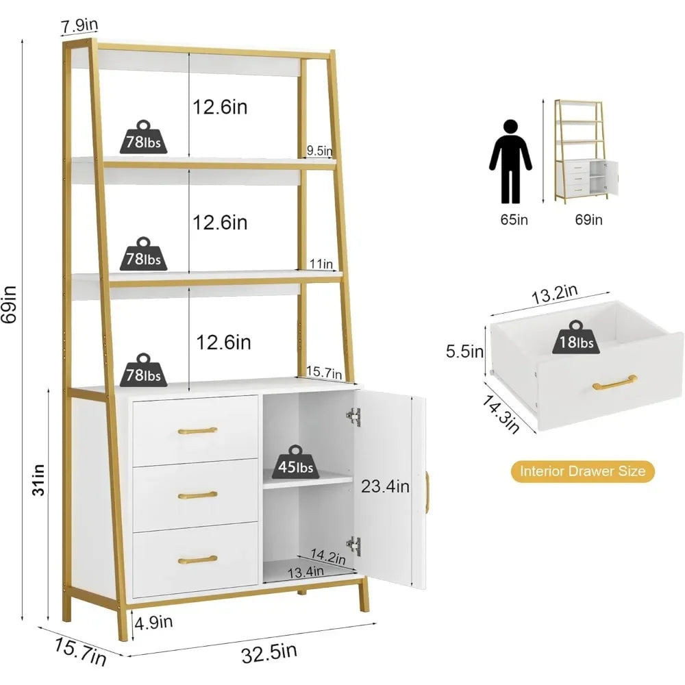 69" White Gold 4-Tier Bookshelf