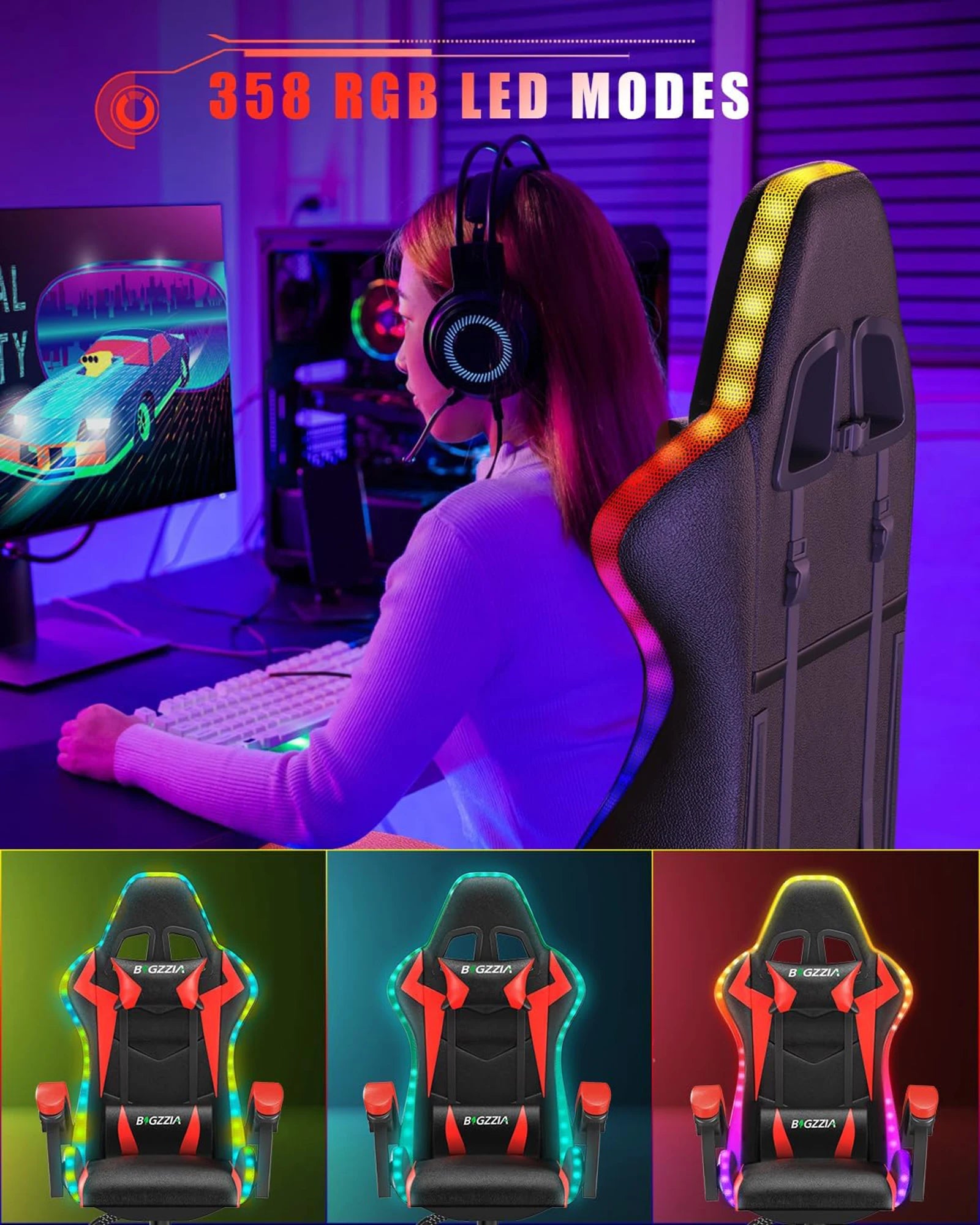 RGB Gaming Chair – LED Lights Ergonomic Recliner