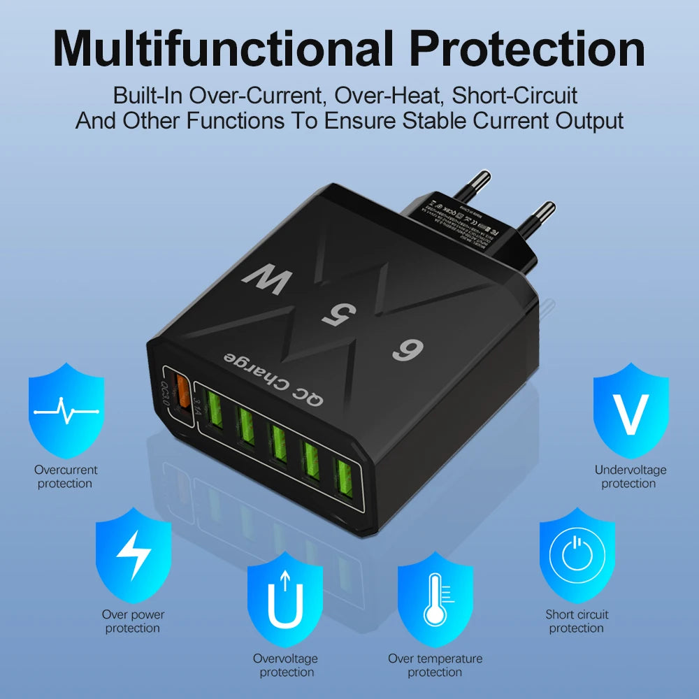 65W 6-Port USB Fast Charger – QC3.0 Travel Adapter: