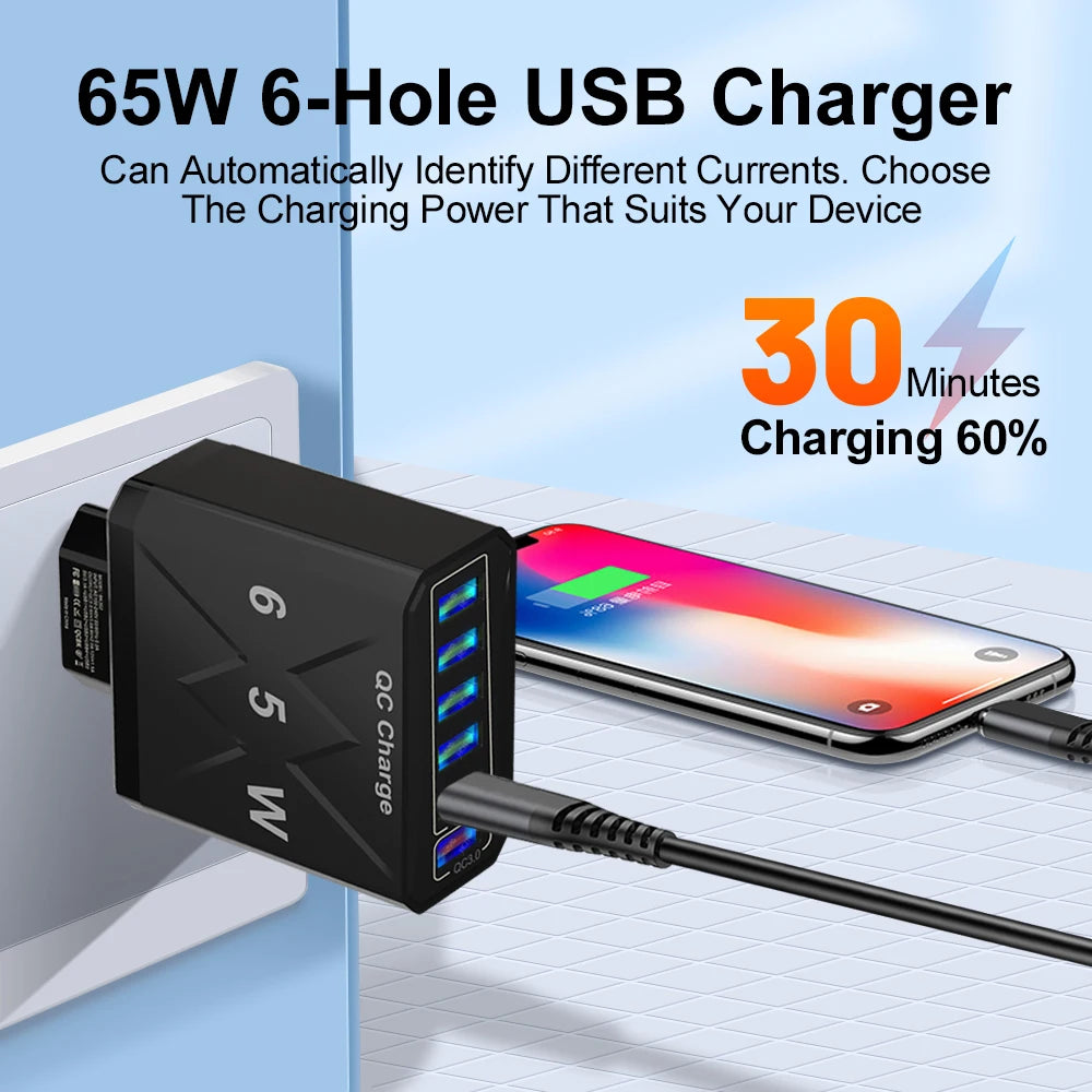 65W 6-Port USB Fast Charger – QC3.0 Travel Adapter: