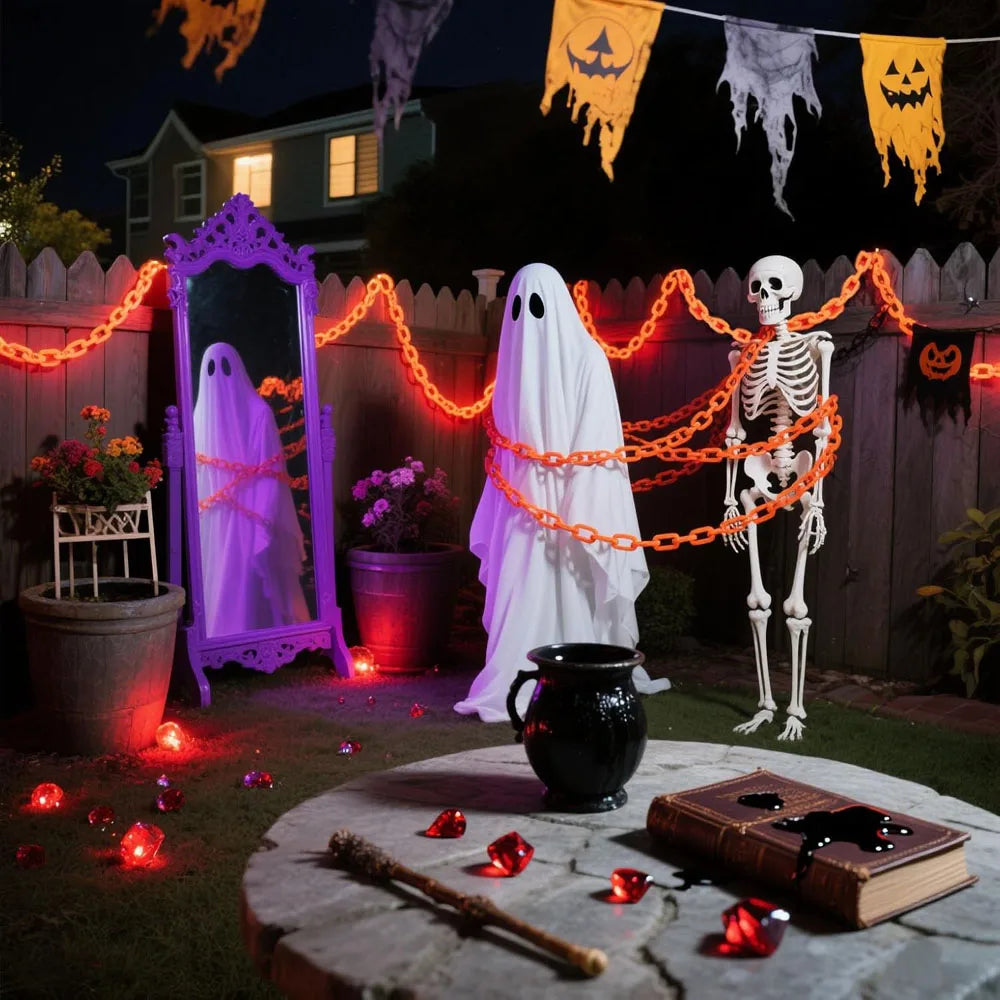 Halloween Plastic Chain Lights Props Chains with 8 Lighting Modes String Lights for Skeleton Dog Spooky Outdoor Decorations