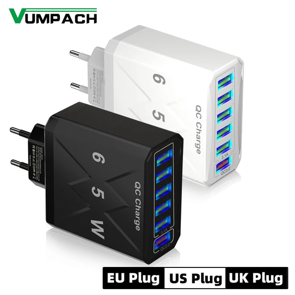 65W 6-Port USB Fast Charger – QC3.0 Travel Adapter: