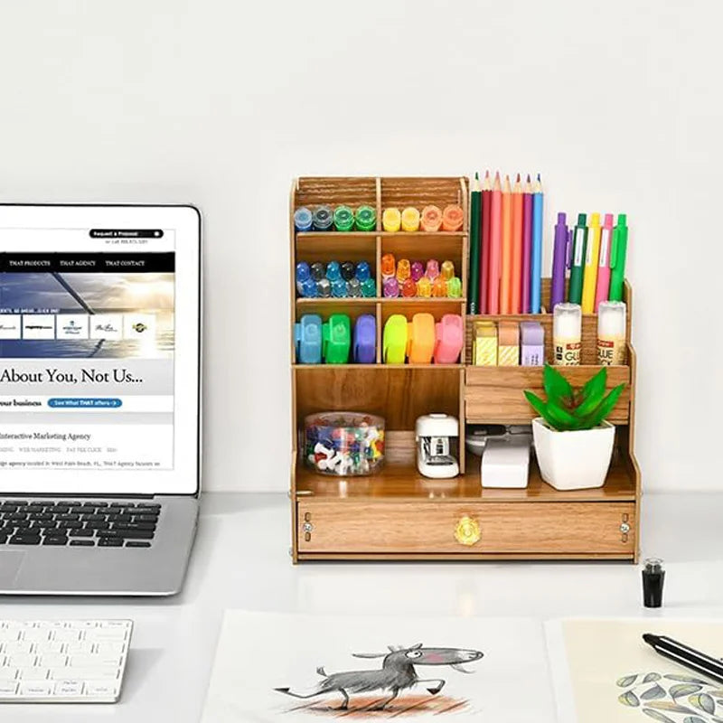 Wooden Desk Organizer – Large-Capacity Stationery Storage with Drawer