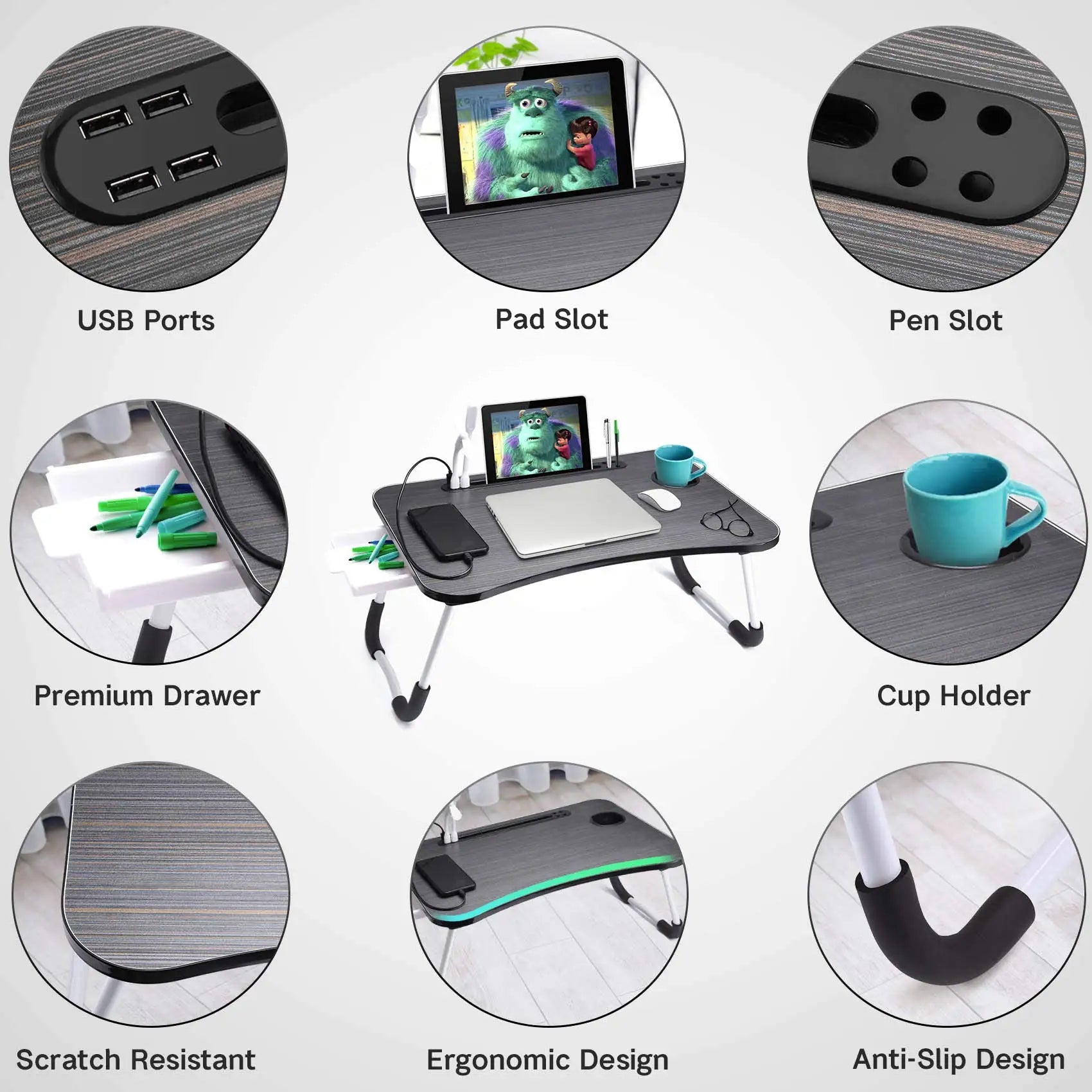 40x60cm Folding Laptop Table – Portable Desk with USB Light, Fan & Cup Holder: