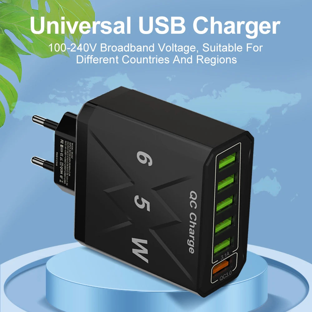 65W 6-Port USB Fast Charger – QC3.0 Travel Adapter: