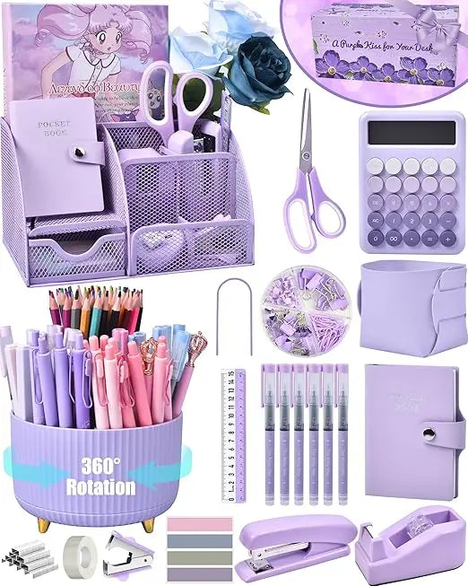 Purple Mesh Desk Organizer Set with Rotating Pen Holder