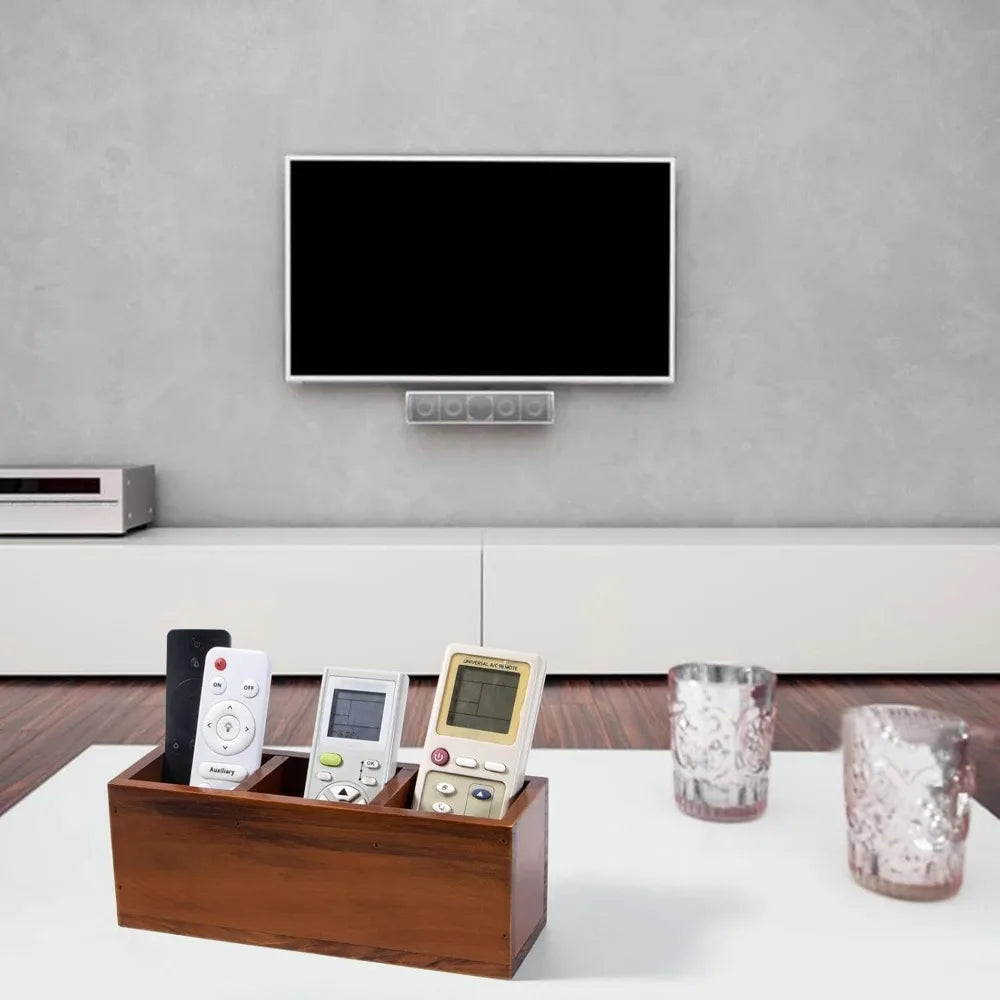 Wooden 3-Compartment Pencil & Remote Holder