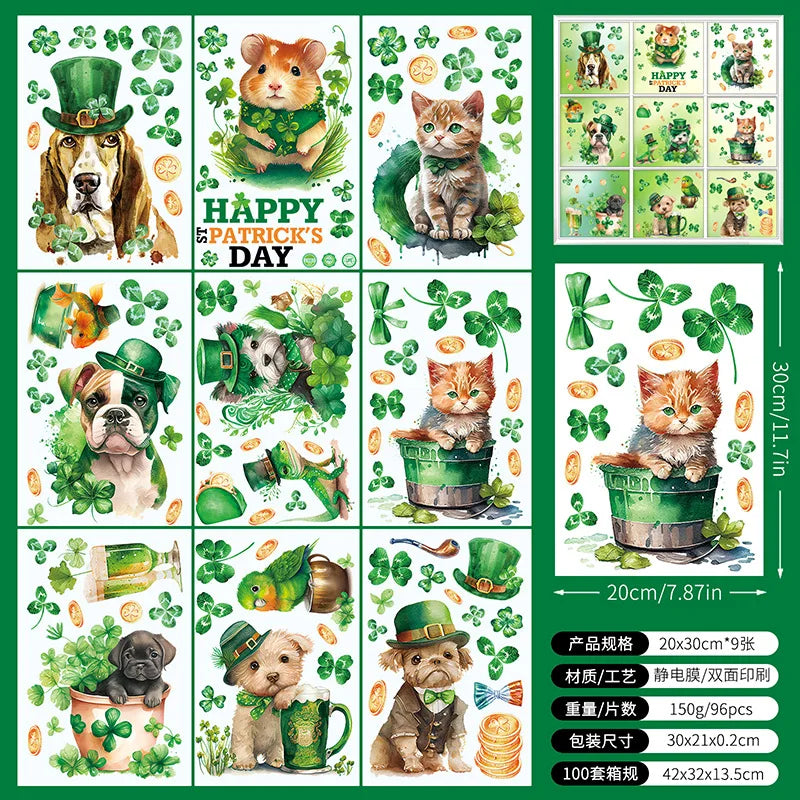 St. Patrick's Day Animal & Clover Window Clings, 9-Sheet Set