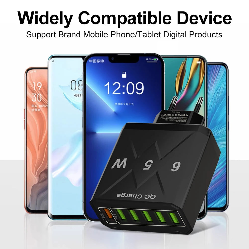 65W 6-Port USB Fast Charger – QC3.0 Travel Adapter: