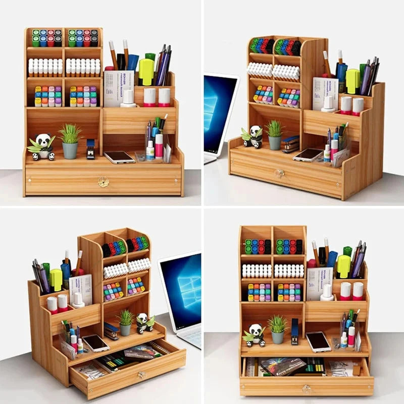 Wooden Desk Organizer – Large-Capacity Stationery Storage with Drawer