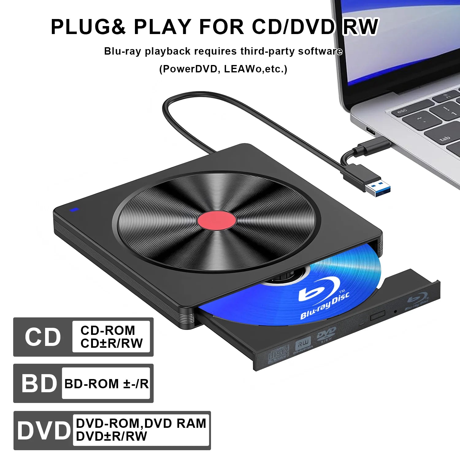 Portable External Blu-ray Drive USB 3.0/Type-C