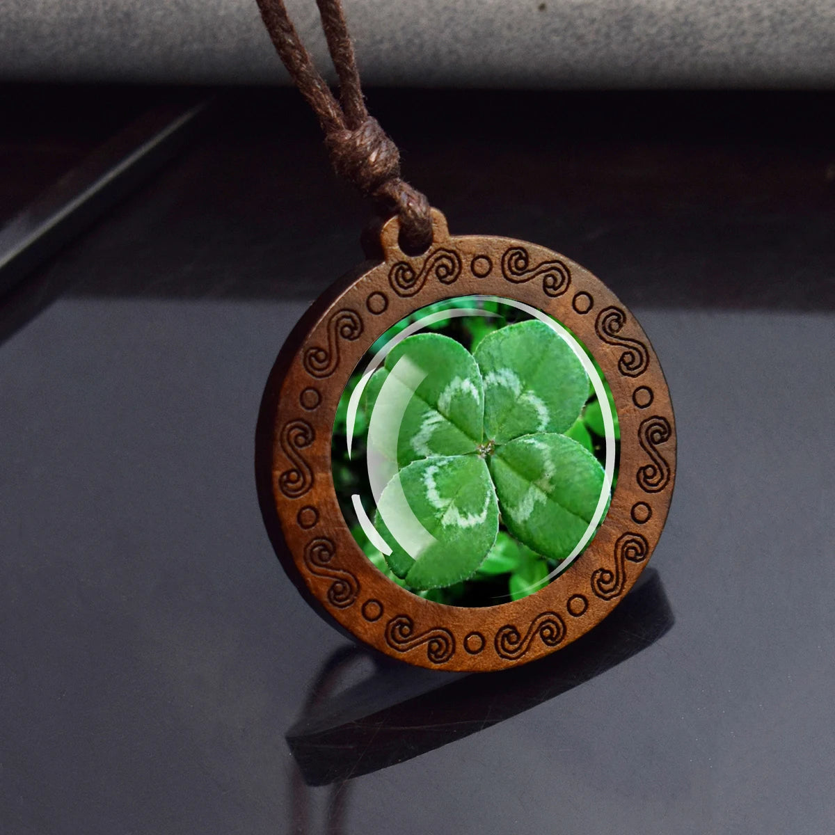 Four-Leaf Clover Glass Dome Pendant Necklace