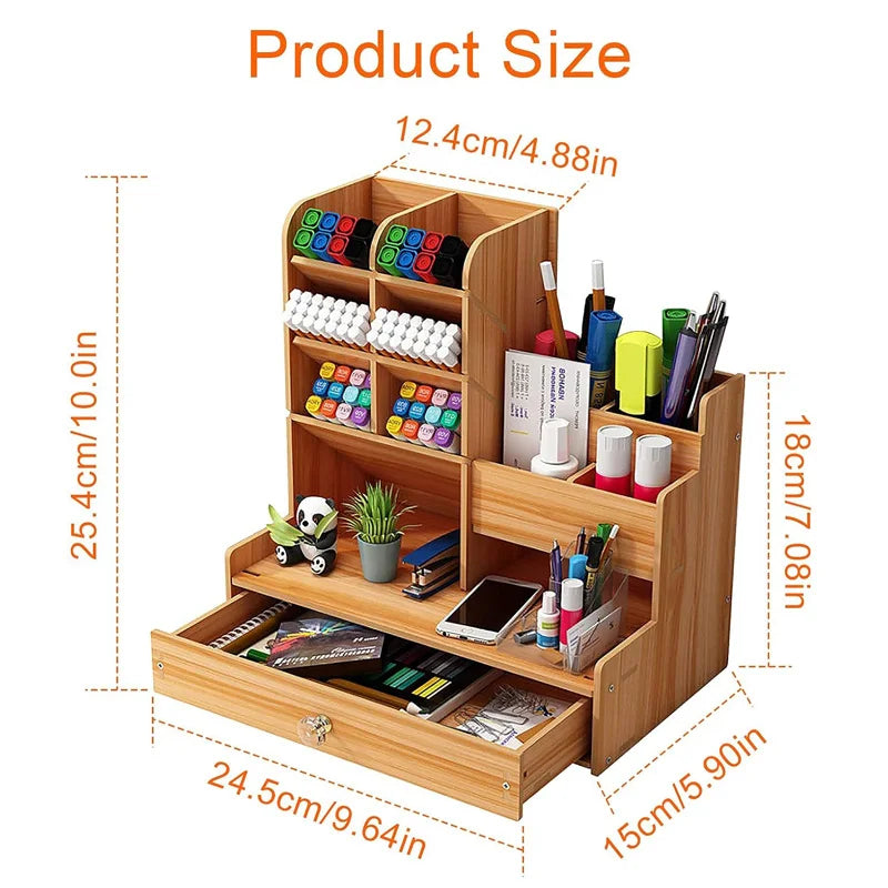 Wooden Desk Organizer – Large-Capacity Stationery Storage with Drawer