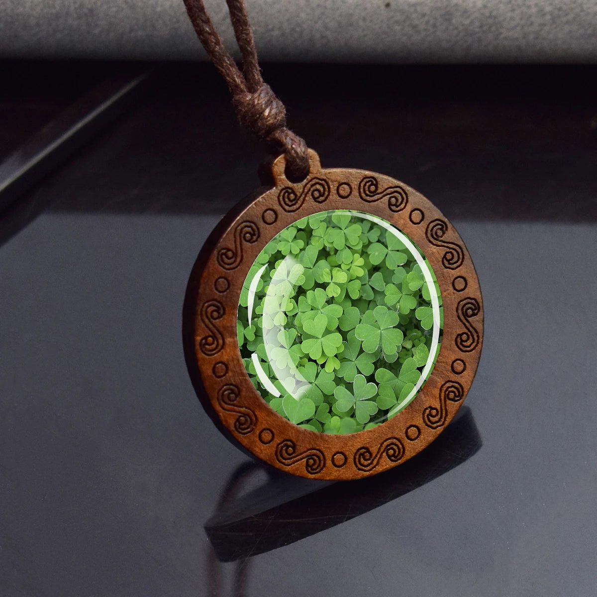 Four-Leaf Clover Glass Dome Pendant Necklace