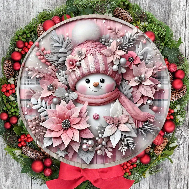 Pink Christmas Snowman Wooden Door Sign