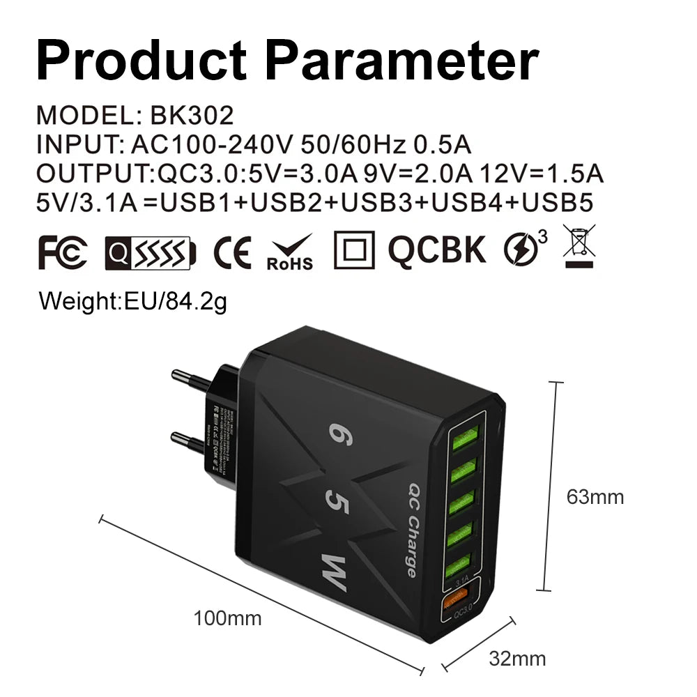 65W 6-Port USB Fast Charger – QC3.0 Travel Adapter: