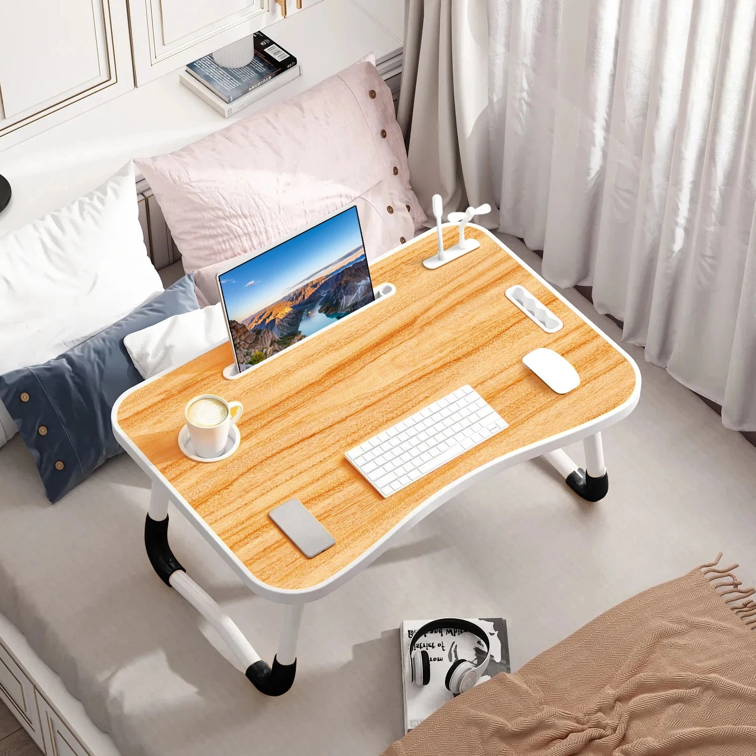 40x60cm Folding Laptop Table – Portable Desk with USB Light, Fan & Cup Holder: