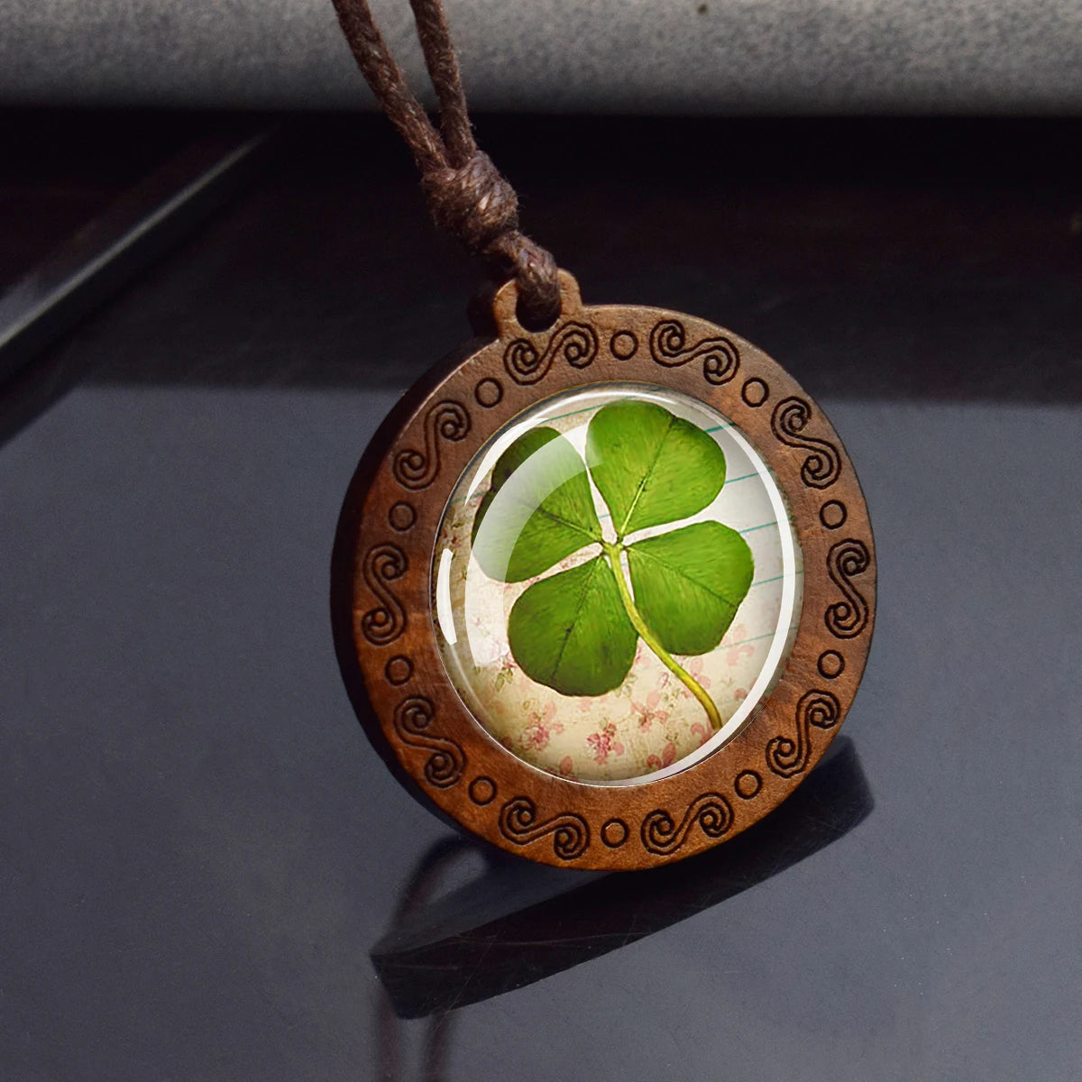 Four-Leaf Clover Glass Dome Pendant Necklace