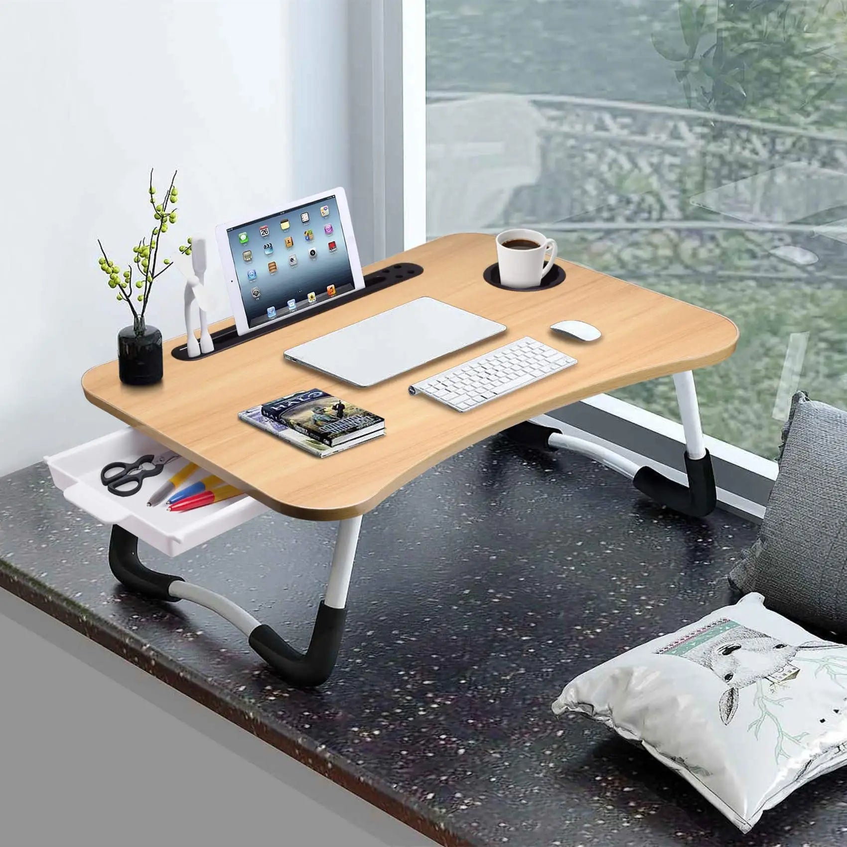 40x60cm Folding Laptop Table – Portable Desk with USB Light, Fan & Cup Holder: