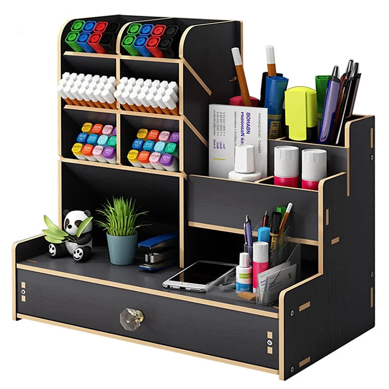 Wooden Desk Organizer – Large-Capacity Stationery Storage with Drawer