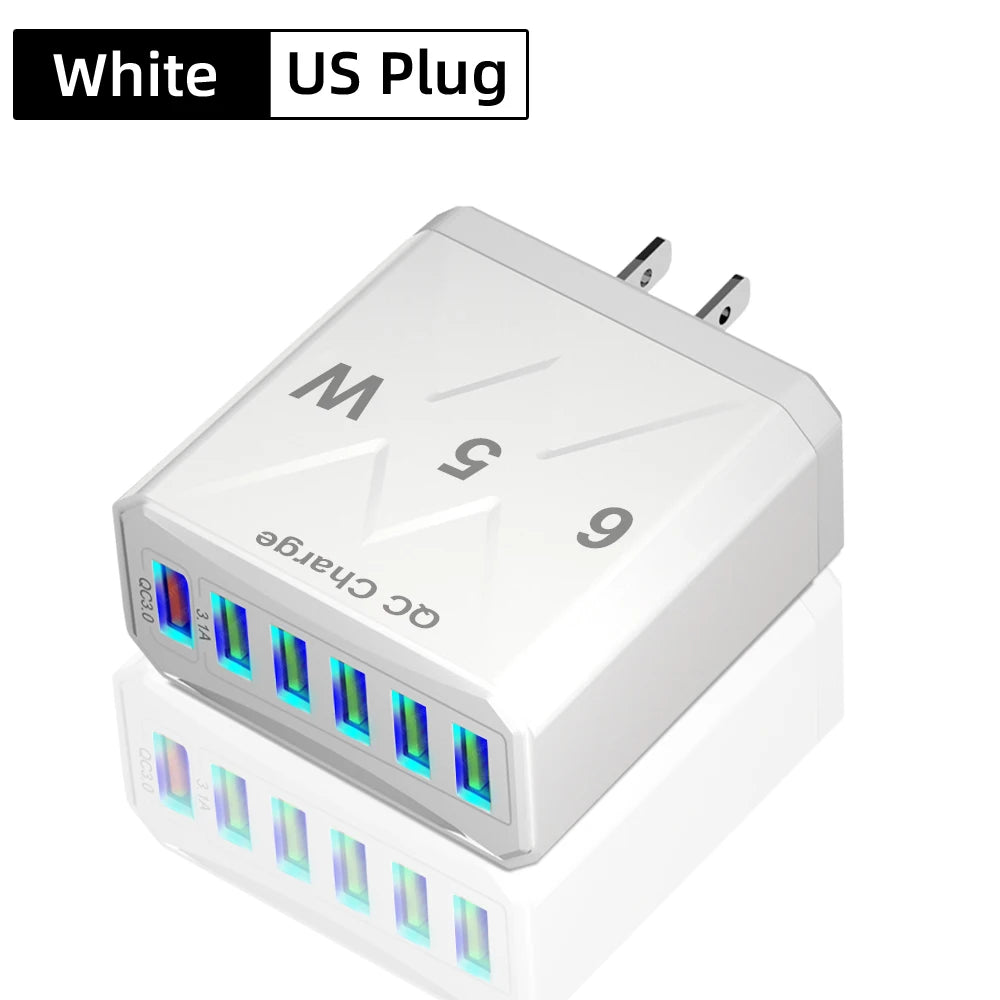 65W 6-Port USB Fast Charger – QC3.0 Travel Adapter: