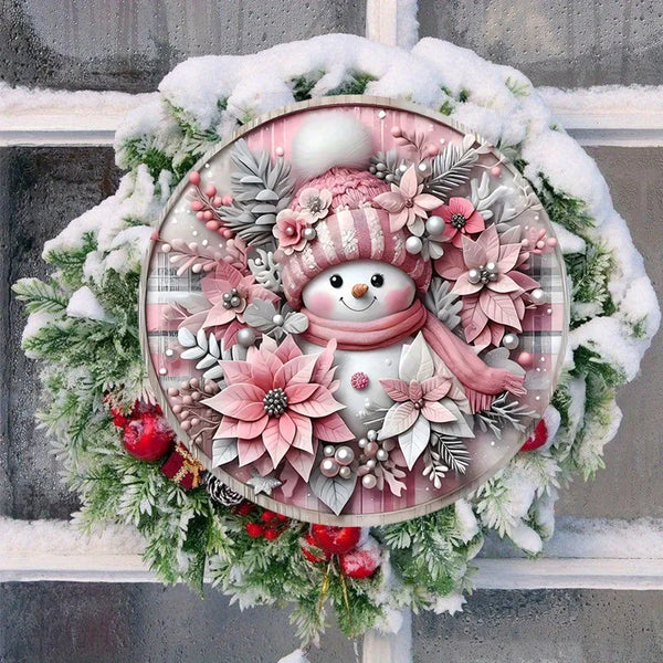 Pink Christmas Snowman Wooden Door Sign