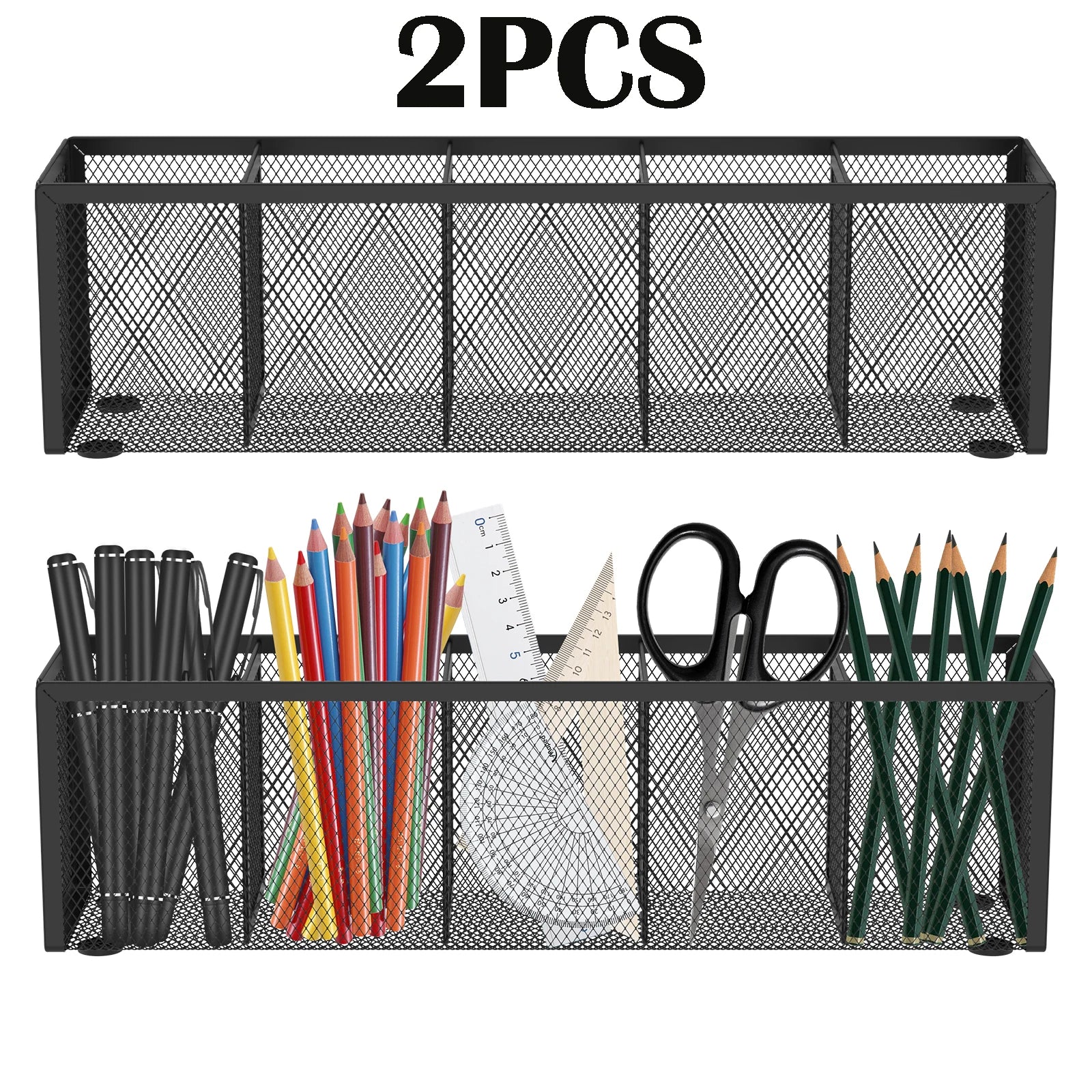2Pcs Mesh Pen Pencil Holder with 5 Compartments Metal Desk Organizer Rustproof Brush Holder for Home School Classroom Teachers