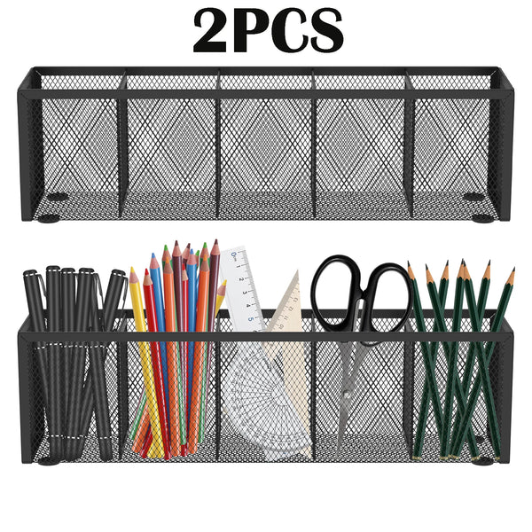2Pcs Mesh Pen Pencil Holder with 5 Compartments Metal Desk Organizer Rustproof Brush Holder for Home School Classroom Teachers